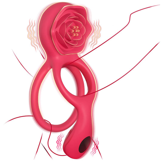 HoneyBetty Vibrating Cock Ring with Rose Clitoral Stimulator & Testicle Massager – Dual Ring Penis Vibrator with 2 Motors & 9 Vibration Modes – Couples Sex Toy for Men & Women