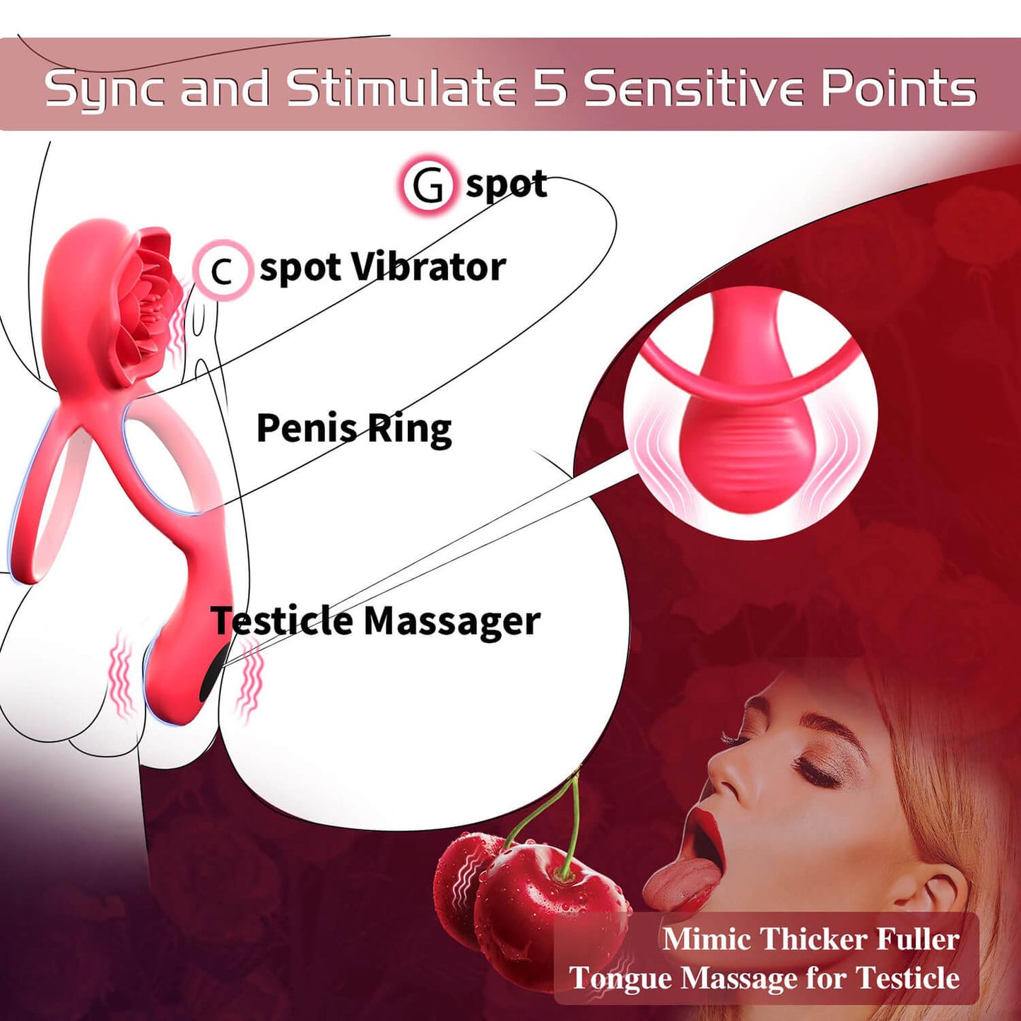 HoneyBetty Vibrating Cock Ring with Rose Clitoral Stimulator & Testicle Massager – Dual Ring Penis Vibrator with 2 Motors & 9 Vibration Modes – Couples Sex Toy for Men & Women