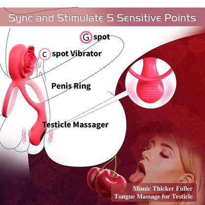 HoneyBetty Vibrating Cock Ring with Rose Clitoral Stimulator & Testicle Massager – Dual Ring Penis Vibrator with 2 Motors & 9 Vibration Modes – Couples Sex Toy for Men & Women