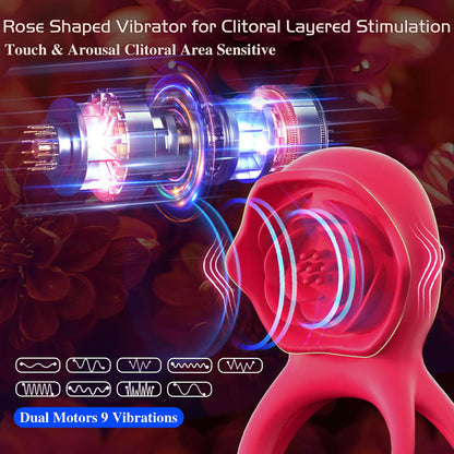 HoneyBetty Vibrating Cock Ring with Rose Clitoral Stimulator & Testicle Massager – Dual Ring Penis Vibrator with 2 Motors & 9 Vibration Modes – Couples Sex Toy for Men & Women