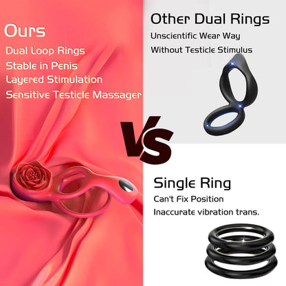 HoneyBetty Vibrating Cock Ring with Rose Clitoral Stimulator & Testicle Massager – Dual Ring Penis Vibrator with 2 Motors & 9 Vibration Modes – Couples Sex Toy for Men & Women