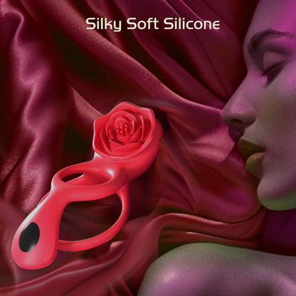 HoneyBetty Vibrating Cock Ring with Rose Clitoral Stimulator & Testicle Massager – Dual Ring Penis Vibrator with 2 Motors & 9 Vibration Modes – Couples Sex Toy for Men & Women