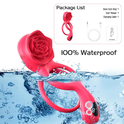 HoneyBetty Vibrating Cock Ring with Rose Clitoral Stimulator & Testicle Massager – Dual Ring Penis Vibrator with 2 Motors & 9 Vibration Modes – Couples Sex Toy for Men & Women