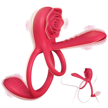 HoneyBetty Vibrating Cock Ring with Rose Clitoral Stimulator – Penis Sleeve with Taint & G-Spot Vibrator – Couples Adult Sex Toy with 3 Motors & 9 Vibration Modes