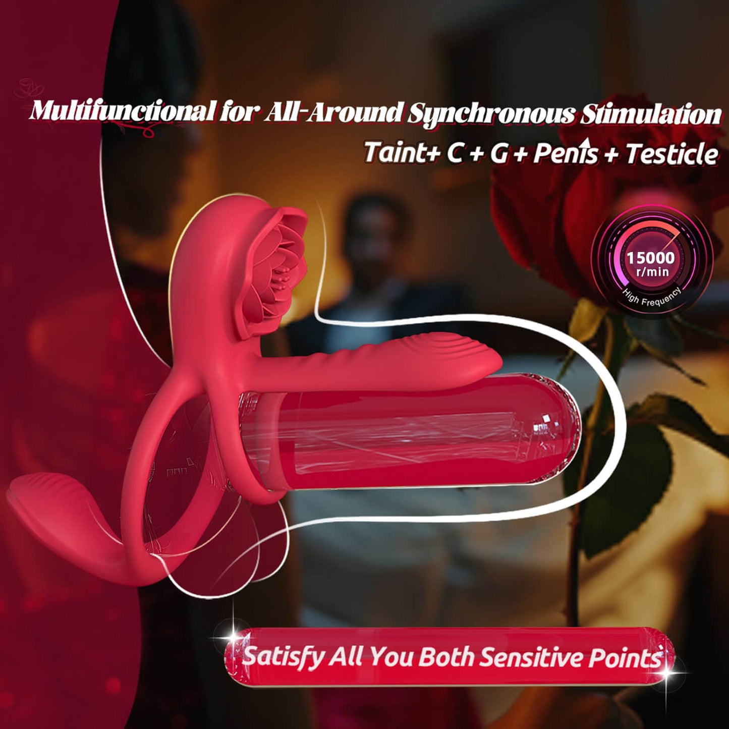 HoneyBetty Vibrating Cock Ring with Rose Clitoral Stimulator – Penis Sleeve with Taint & G-Spot Vibrator – Couples Adult Sex Toy with 3 Motors & 9 Vibration Modes