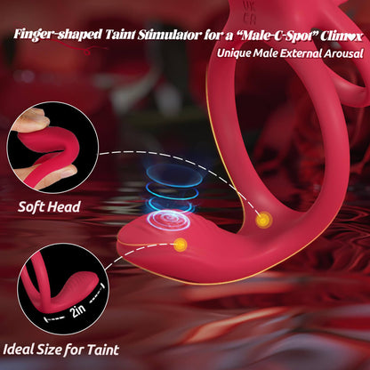 HoneyBetty Vibrating Cock Ring with Rose Clitoral Stimulator – Penis Sleeve with Taint & G-Spot Vibrator – Couples Adult Sex Toy with 3 Motors & 9 Vibration Modes