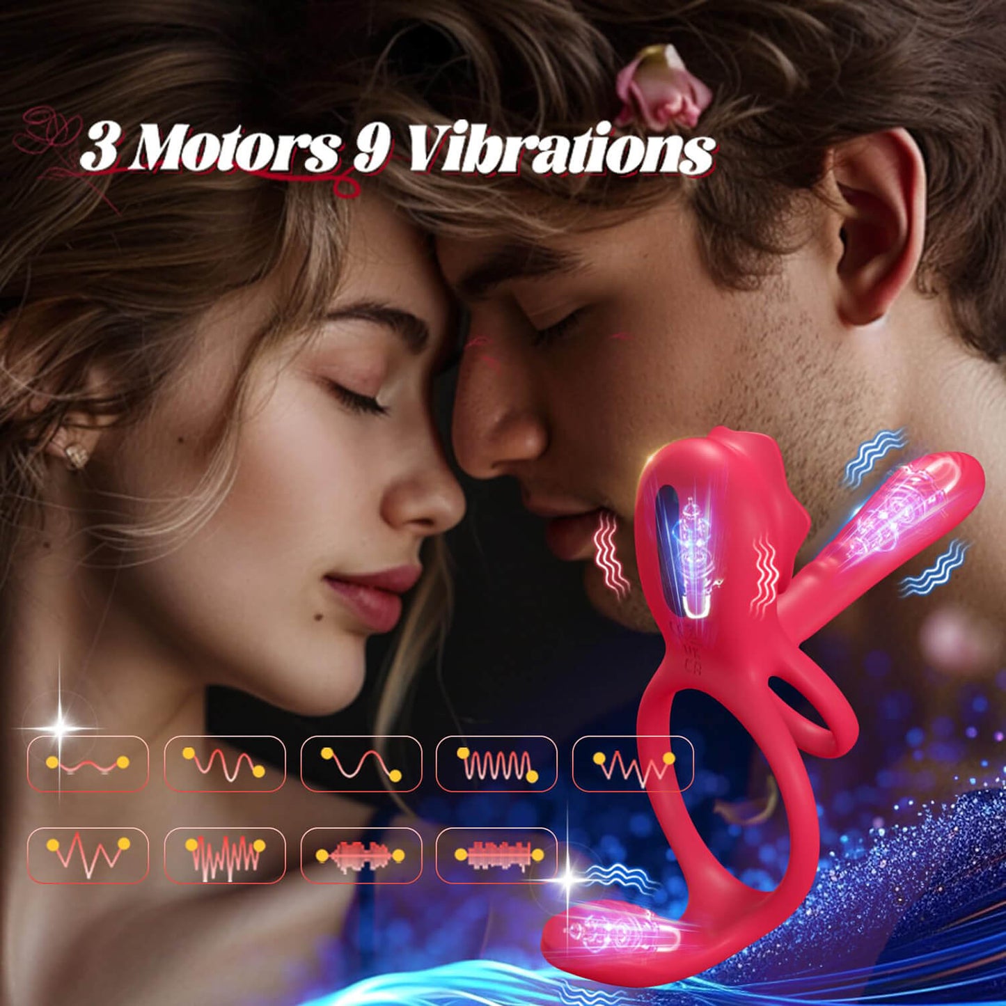 HoneyBetty Vibrating Cock Ring with Rose Clitoral Stimulator – Penis Sleeve with Taint & G-Spot Vibrator – Couples Adult Sex Toy with 3 Motors & 9 Vibration Modes