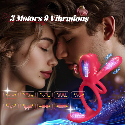 HoneyBetty Vibrating Cock Ring with Rose Clitoral Stimulator – Penis Sleeve with Taint & G-Spot Vibrator – Couples Adult Sex Toy with 3 Motors & 9 Vibration Modes