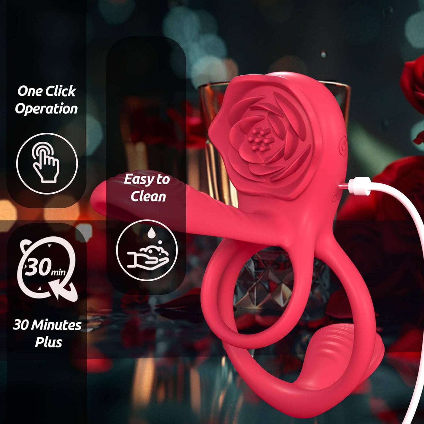 HoneyBetty Vibrating Cock Ring with Rose Clitoral Stimulator – Penis Sleeve with Taint & G-Spot Vibrator – Couples Adult Sex Toy with 3 Motors & 9 Vibration Modes