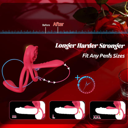 HoneyBetty Vibrating Cock Ring with Rose Clitoral Stimulator – Penis Sleeve with Taint & G-Spot Vibrator – Couples Adult Sex Toy with 3 Motors & 9 Vibration Modes