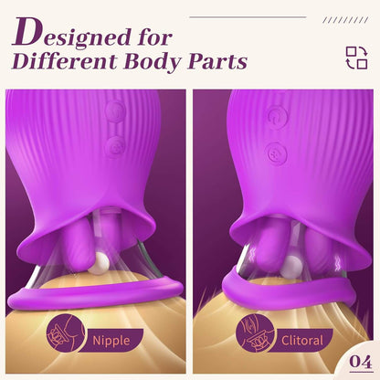 Rose Sex Toys Vibrators with 2 Suction Cups Female Ciltoral Nipple G Spot Vibrator with 10 Licking Sucking Vibrating Sex Stimulator