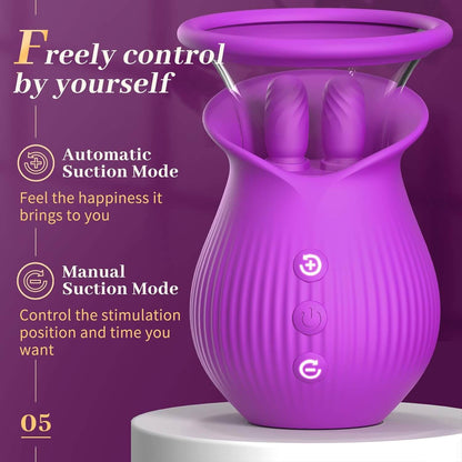 Rose Sex Toys Vibrators with 2 Suction Cups Female Ciltoral Nipple G Spot Vibrator with 10 Licking Sucking Vibrating Sex Stimulator